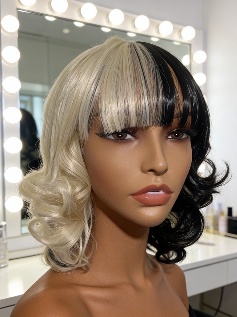 14 inch Black & White Blonde Two-Tone Curly Wig with Bangs - Women